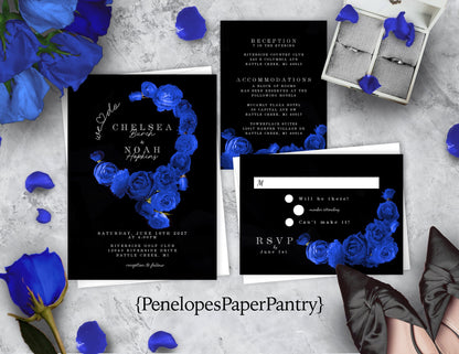 Royal Blue Floral Wreath on Black Background Rose Wedding Invitation, Set, or Suite