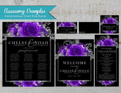 Purple Florals with Black Background Rose Wedding Invitation, Set, or Suite