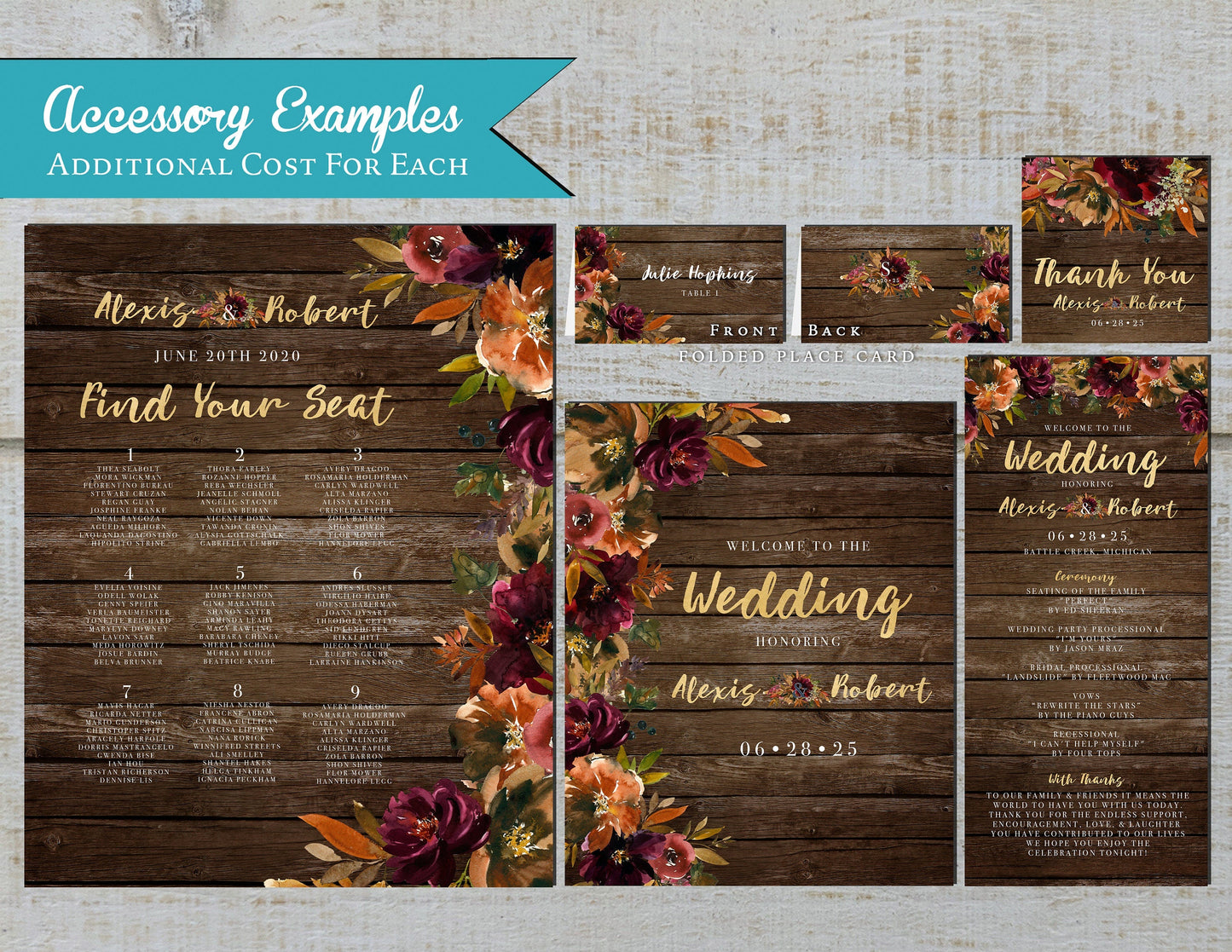 Rustic Fall Wedding Invitation – Burgundy & Burnt Orange Florals, Barn Wood & Gold Calligraphy – Personalized Shimmery Invitation with Envelope