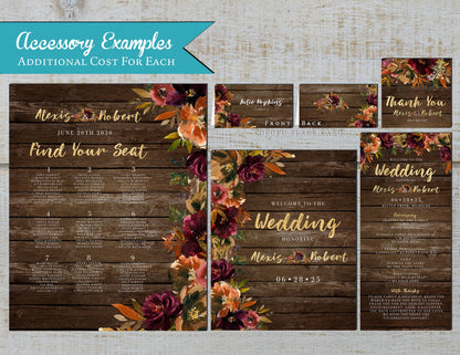 Rustic Fall Wedding Invitation – Burgundy & Burnt Orange Florals, Barn Wood & Gold Calligraphy – Personalized Shimmery Invitation with Envelope