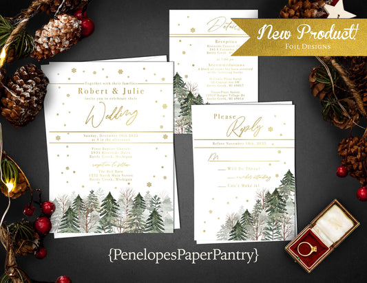 Green Snowy Forest Pine Trees with Gold Foil Snowflakes Winter Wedding Invitation, Set, or Suite