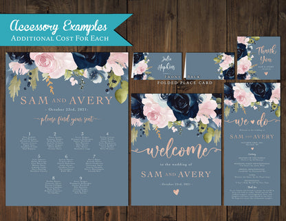 Elegant Dusty Blue Floral Summer Wedding Invitation Personalized Navy Blush Roses Glitter Print Shimmery Printed Invitations With Envelopes