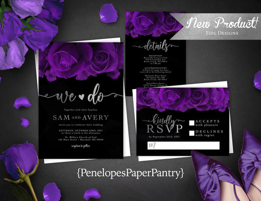 Purple Florals with Silver Foil and Black Background Rose Wedding Invitation, Set, or Suite