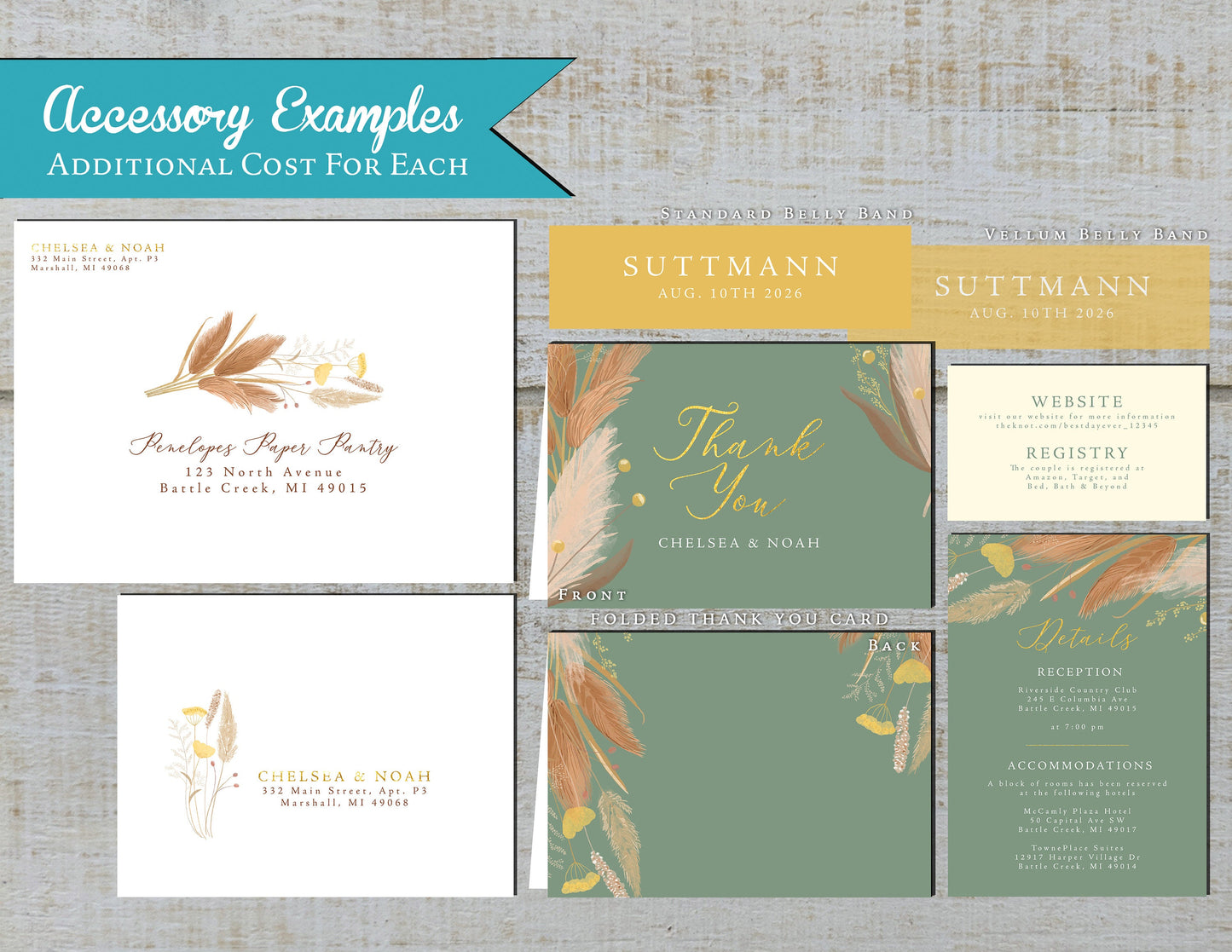 Pampas Grass on Terracotta, Sage, and Ivory Hues Fall Wedding Invitation, Set, or Suite