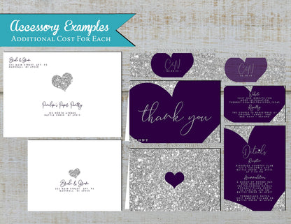 Purple Heart with Faux Silver Glitter Traditional Wedding Invitation, Sets, or Suite