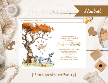 Winnie the Pooh Baby Shower Invitation – Fall Leaves & Gold Foil Printed Invite – Custom Design with One-on-One Personalization by Penelope’s Paper Pantry