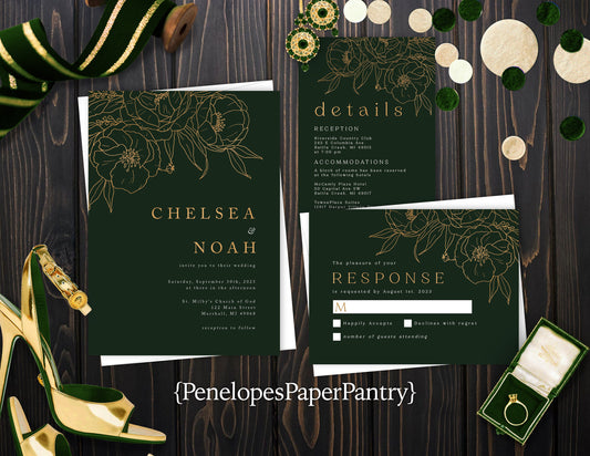 Gold Floral Line Art on Green Background Fall Wedding Invitation, Set, or Suite