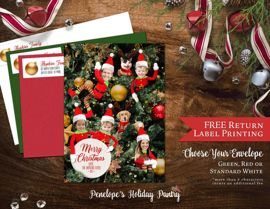 Funny Elf Family Christmas Photo Card – Personalized Elves in a Christmas Tree – Printed with Envelopes, Back Print & Return Address Labels