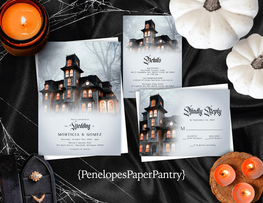 Gothic Halloween Wedding Invitation – Haunted House & Eerie Mist – Personalized Spooky Printed Invite with Envelopes Included