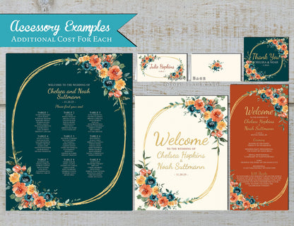 Teal Fall Wedding Invitation – Burnt Orange Ivory Florals & Gold Frame – Personalized Shimmery Printed Invite with Envelopes Included