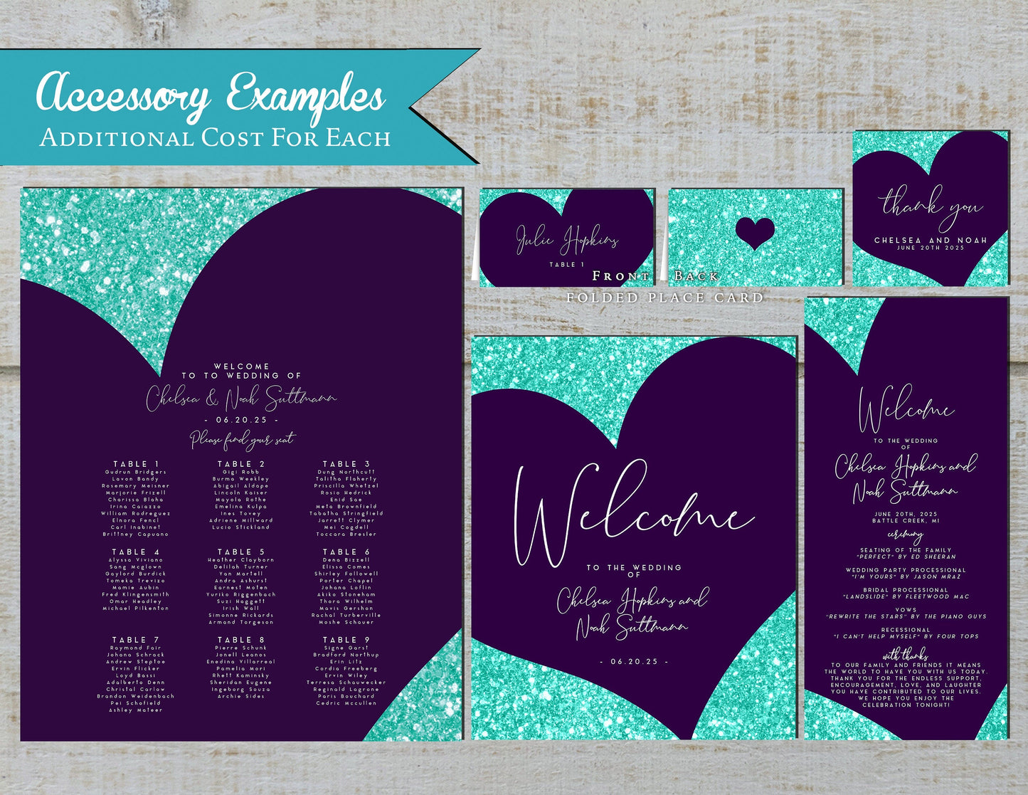 Purple Heart with Faux Teal Glitter Traditional Wedding Invitation, Sets, or Suite