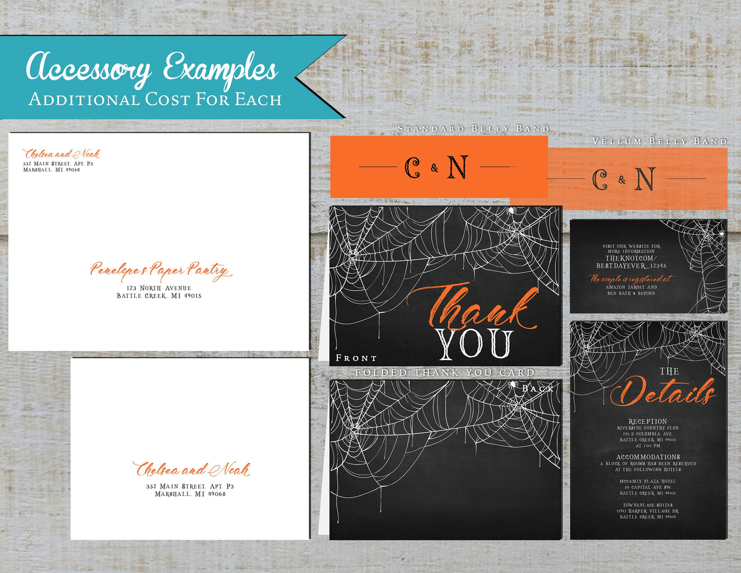 Halloween Theme Spider Web on Black Background Fall Wedding Invitation, Set, or Suite