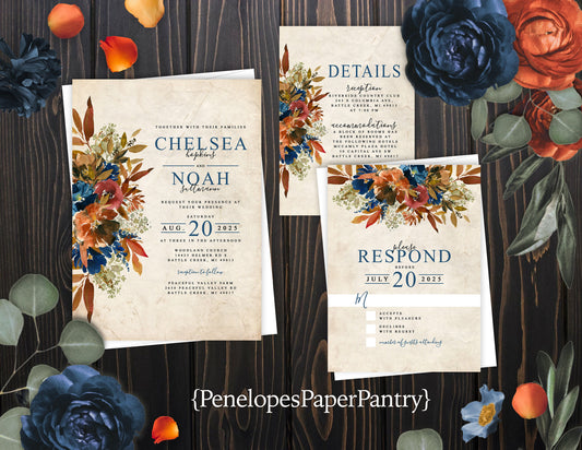 Burnt Orange and Turquoise Florals on Faux Parchment Fall Wedding Invitation, Set, or Suite