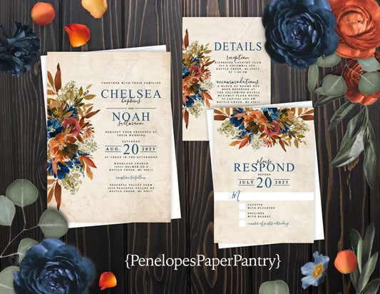 Rustic Fall Wedding Invitation – Turquoise & Burnt Orange Florals, Parchment Background – Personalized Printed Invitations with Envelopes & Optional RSVP