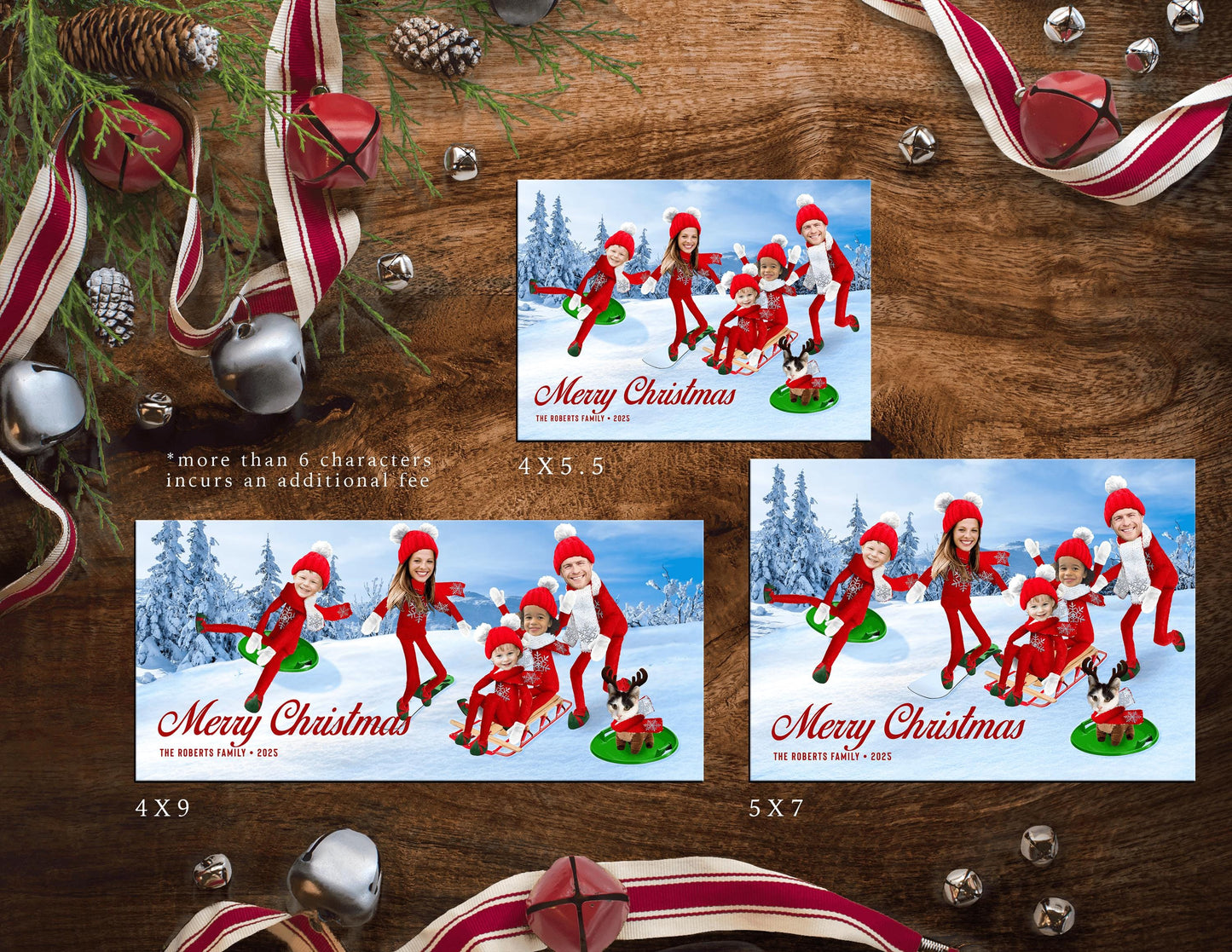 Funny Sledding Elves Christmas Photo Card – Personalized Snowboarding Elf Family Card | Printed with Back Design, Envelopes & Return Address Label