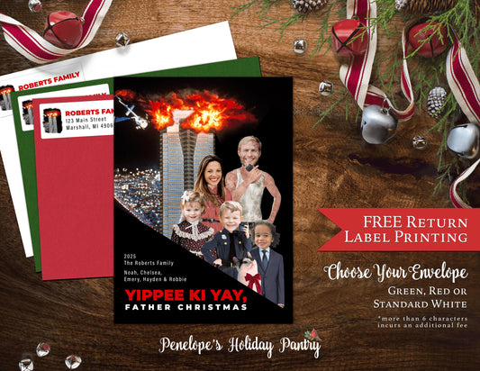 Funny Die Hard Christmas Photo Card – Personalized Yippee Ki Yay Family Holiday Card with Custom Text, Envelopes & Return Address Labels