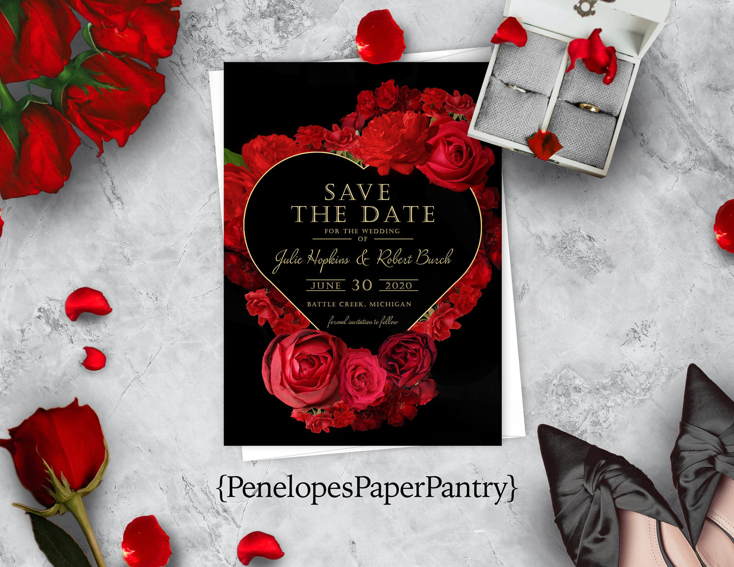 Red Rose Floral Heart Frame with Black Background Save the Date