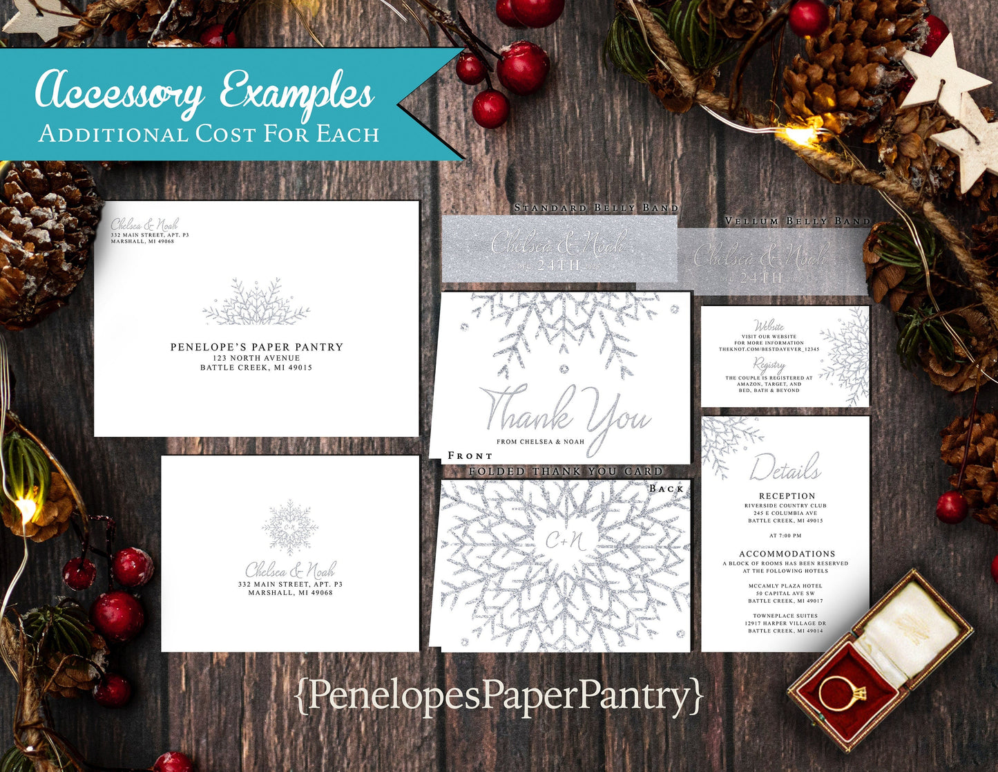 Fancy Snowflake Winter Wedding Invitation – Faux Silver Glitter Calligraphy, Shimmery Custom Text, Printed with Envelopes Included