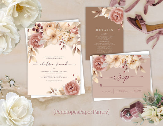 Neutral, Dusty Rose Floral Summer Wedding Invitation, Set, or Suite