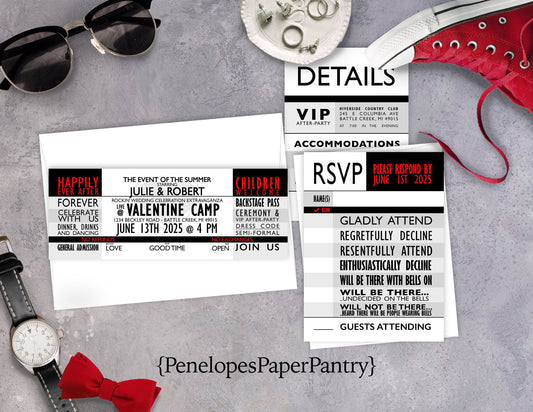 Unique Concert Ticket Wedding Invitation Personalized Rock Pop Jazz Country Heavy Metal Electronic Printed Invitations Envelopes Included