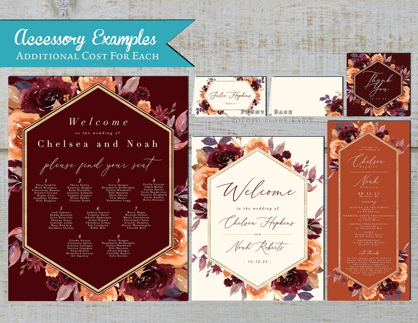 Burgundy and Burnt Orange Florals with Geometric Frame on Burgundy, Orange, and Ivory Hues Fall Wedding Invitation, Set, or Suite