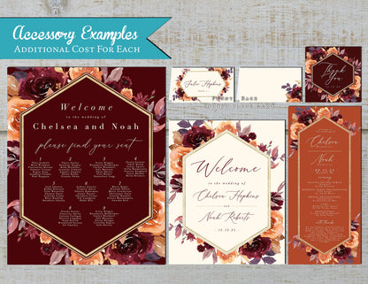Elegant Burgundy Floral Fall Wedding Invitation Personalized Burnt Orange Ivory Gold Geometric Frame Shimmery Printed Invitations Envelopes