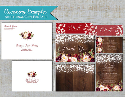 Rustic Fall Wedding Invitation – Burgundy & Blush Roses, Barn Wood & Fairy Lights – Personalized Printed Invitations with Envelopes Included