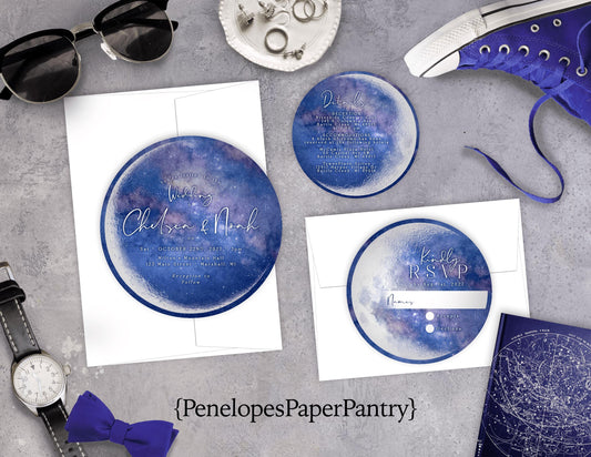 Die Cut Circle Blue Celestial Constellation Traditional Wedding Invitation, Sets, or Suite