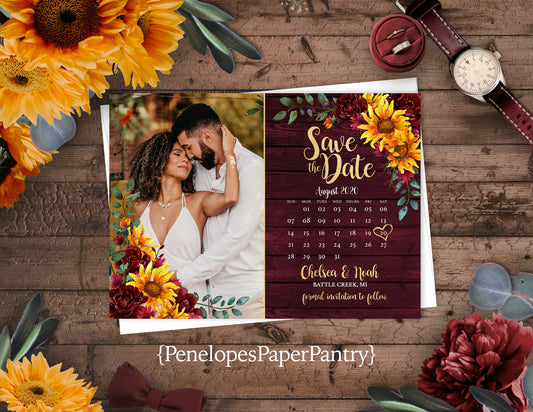 Sunflower and Burgundy Florals with Wood Background, Calendar, and Engagement Photo Save the Date