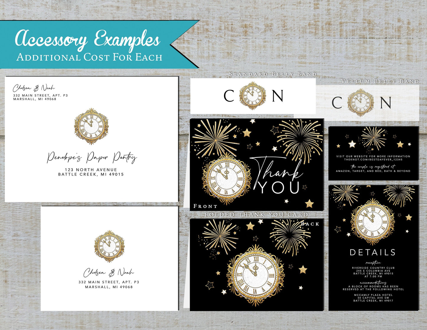 New Year's Eve Gold Clock and Fireworks on Black Background Traditional Wedding Invitation, Sets, or Suite