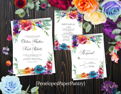 Bright Floral on White Background Summer Wedding Invitation, Set, or Suite