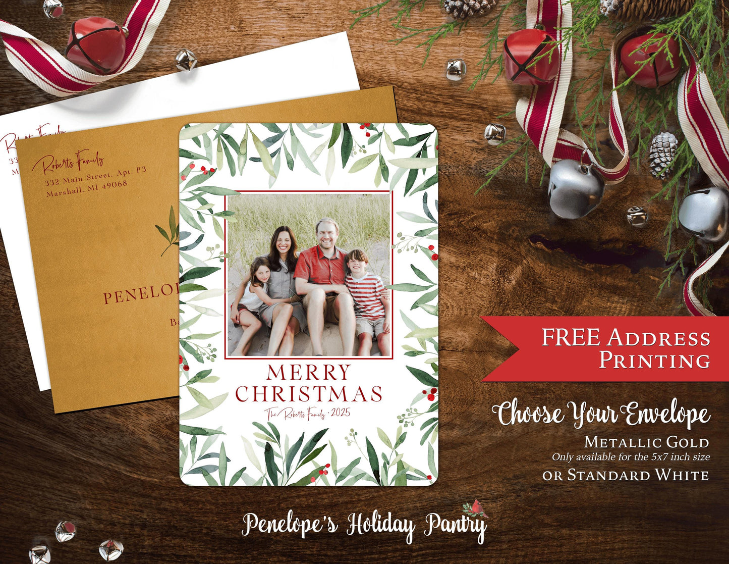 Traditional Christmas Photo Card | Personalized Green Red Mistletoe Holiday Card
