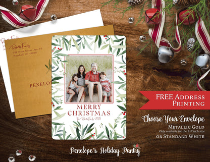 Traditional Christmas Photo Card | Personalized Green Red Mistletoe Holiday Card