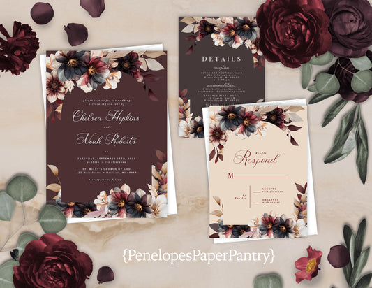 Elegant Fall Wedding Invitation – Plum, Navy & Ivory Floral – Personalized Calligraphy Printed Invite with Envelopes Included
