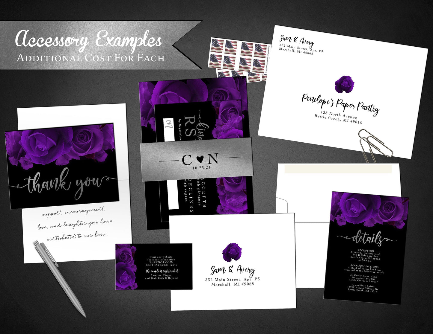 Purple Florals with Silver Foil and Black Background Rose Wedding Invitation, Set, or Suite