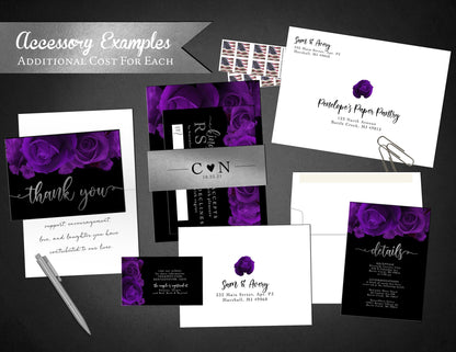 Purple Florals with Silver Foil and Black Background Rose Wedding Invitation, Set, or Suite