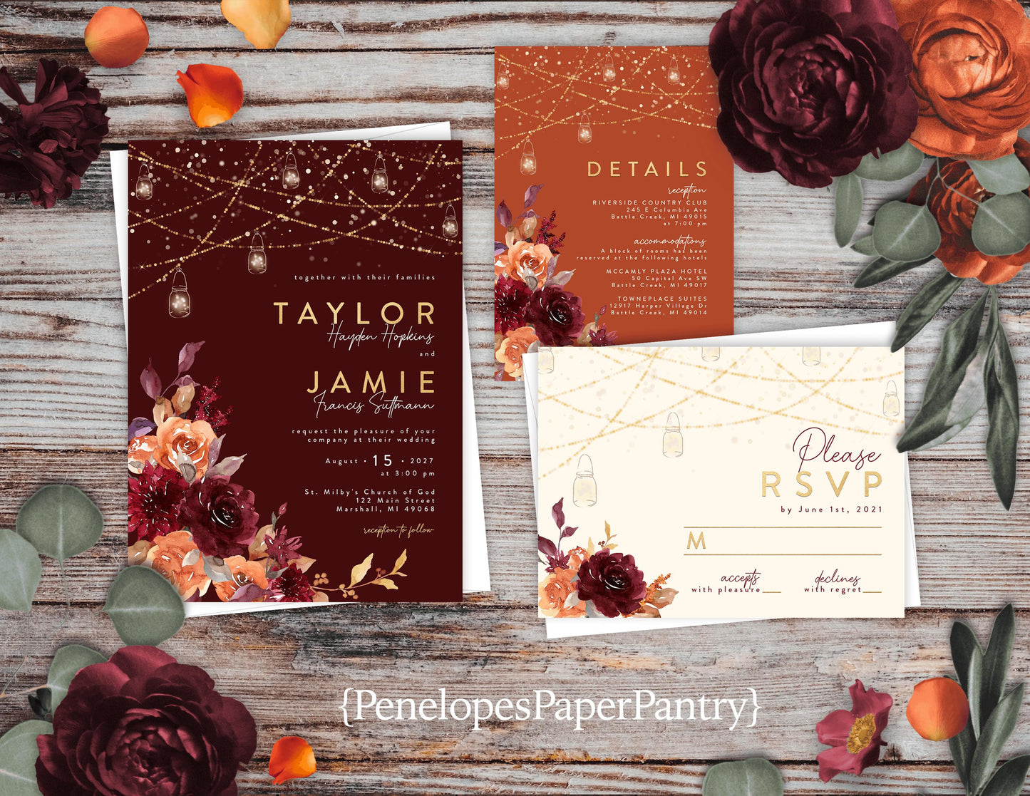 Floral Fall Wedding Invitation – Burgundy, Burnt Orange & Gold – Personalized Mason Jar Lights Printed Invite with Envelopes Included