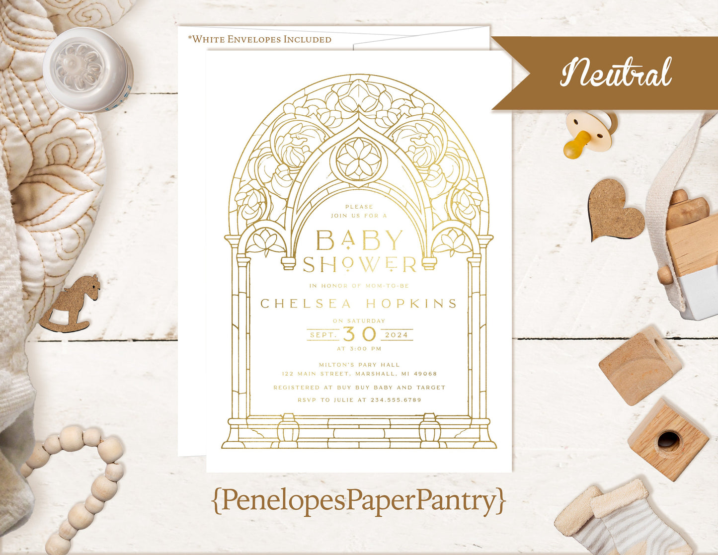 Elegant Luxurious Gender Neutral Baby Shower Invitation Personalized Gold Foil Print Arch Design Custom Text Printed Invitations Envelopes