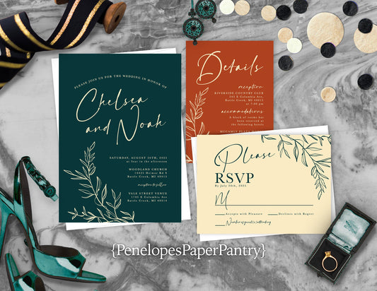 Dark Teal, Burnt Orange, and Ivory with Floral Line Art Fall Wedding Invitation, Set, or Suite