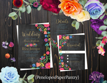 Bright Petite Florals on Chalkboard Background Summer Wedding Invitation, Set, or Suite