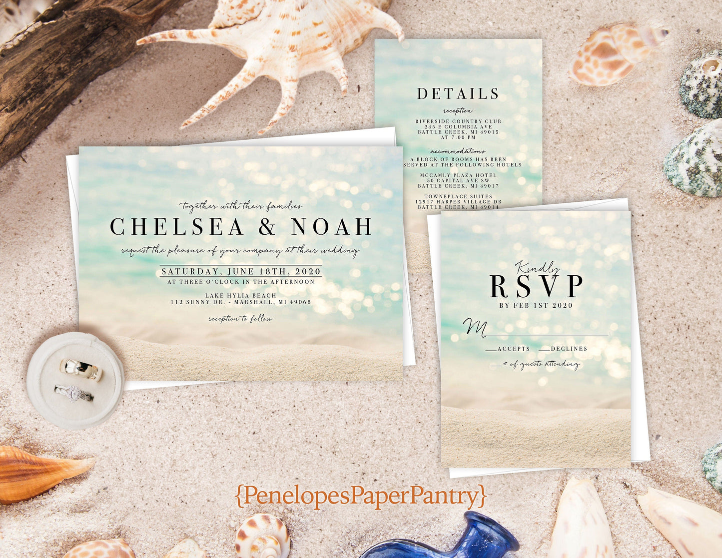 Daytime Sandy Beach Wedding Invitation, Set, or Suite