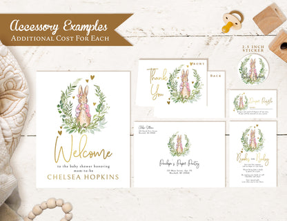 Flopsy Rabbit Baby Girl Shower Invitation – Personalized Peter Rabbit Design with Gold Foil Hearts & Calligraphy – Printed Invite with Envelope by Penelope’s Paper Pantry