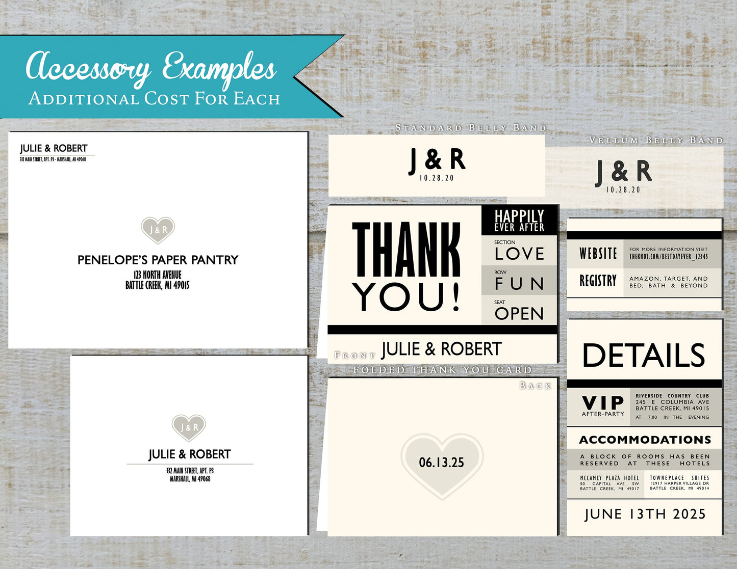 Concert Ticket Style Black and Ivory Summer Wedding Invitation, Set, or Suite