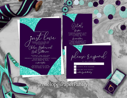 Purple Heart with Faux Teal Glitter Traditional Wedding Invitation, Sets, or Suite