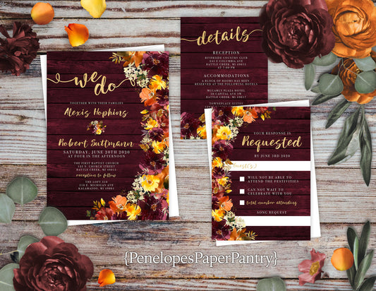 Burgundy and Burnt Orange Florals on Wood Background Fall Wedding Invitation, Set, or Suite