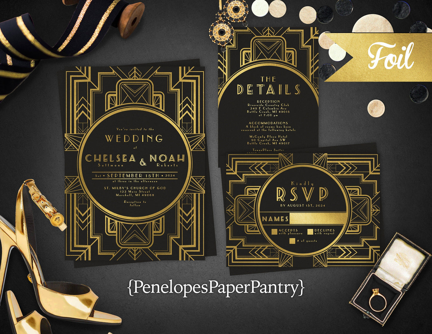 Luxury Gold Foil Art Deco on Black Paper Traditional Wedding Invitation, Sets, or Suite