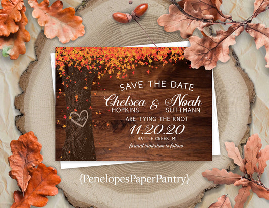 Orange Fall Leaves on Oak Tree with Brown Wood Background Save the Date