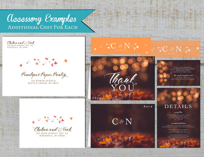 Fall Leaves Scene and Bokeh Glowing Bubble Lights Fall Wedding Invitation, Set, or Suite