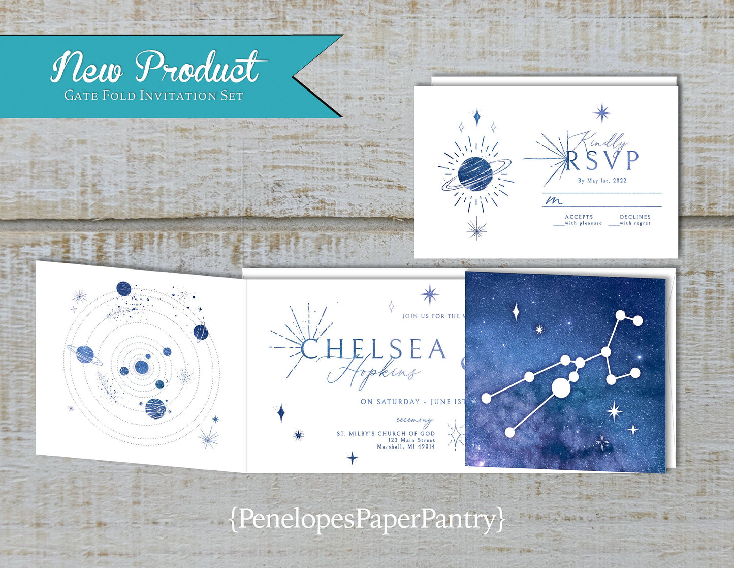 Gatefold Celestial Blue Night Sky with Constellations Folded Wedding Invitation, Set, or Suite