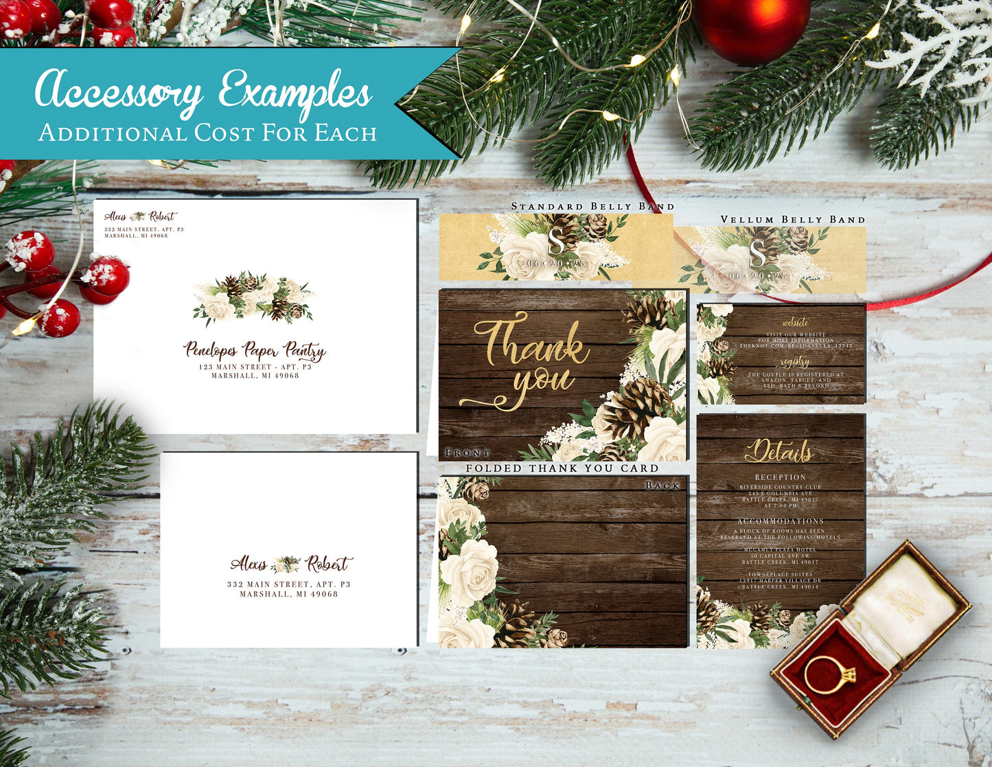 Rustic Winter Wedding Invitation Personalized Barn Wood Ivory Roses Pine Cones Gold Calligraphy Printed Invitation With Envelope Custom Text